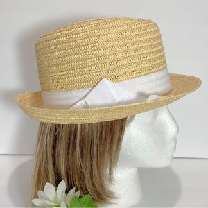 Scala Pronto Straw Fedora White Grosgrain Ribbon Band NWOT